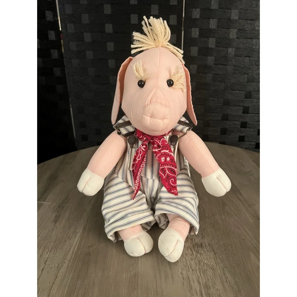Vintage Stuffed Pig w/ Overalls Bandana Country Farm Rural Decor Excellent Cond!